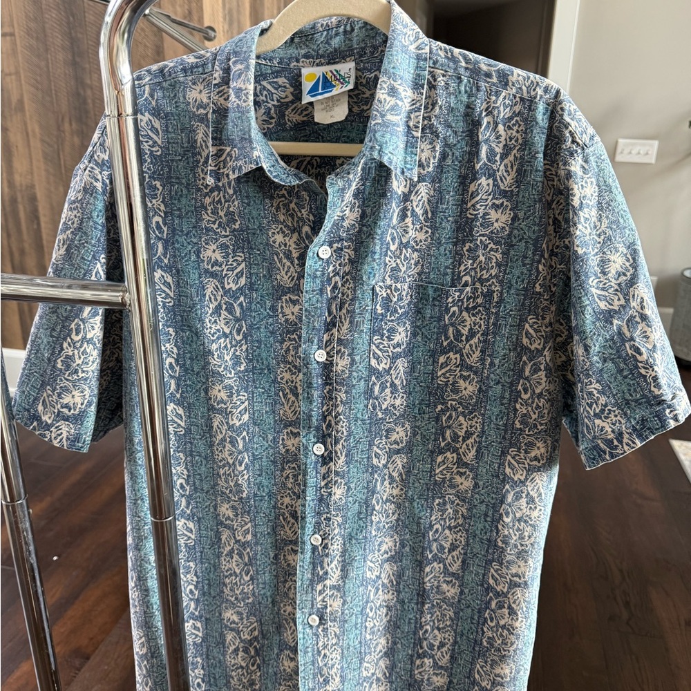 Blue and White Casual Button Down Shirt with Vertical Stripes
